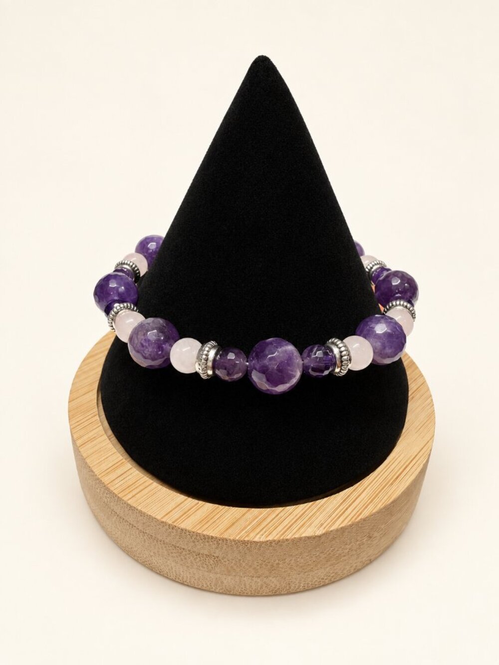 Amethyst Rose Quartz Beaded Bracelet Silver Tone Toggle Handmade 8.5 Inch